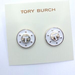NWOT Tory Burch Gold, White Enamel Round Stud Earrings